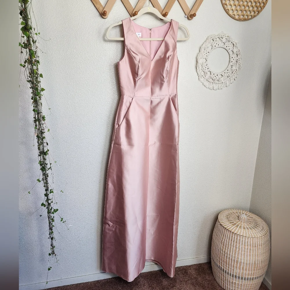 Alfred Sung Sleeveless V-Neck Satin Dress With Pockets In Toasted Sugar … - Picture 2 of 9